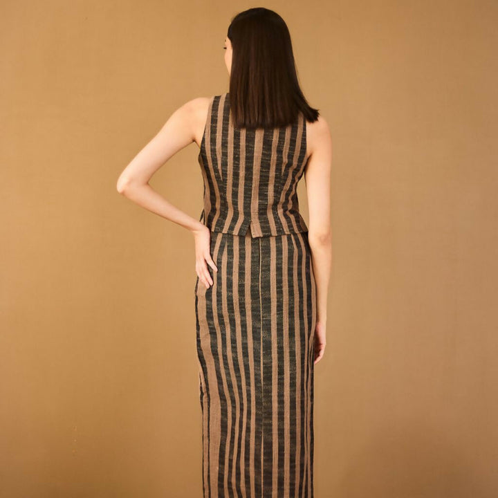 Brown Striped Maxi Skirt with Slit Detail
