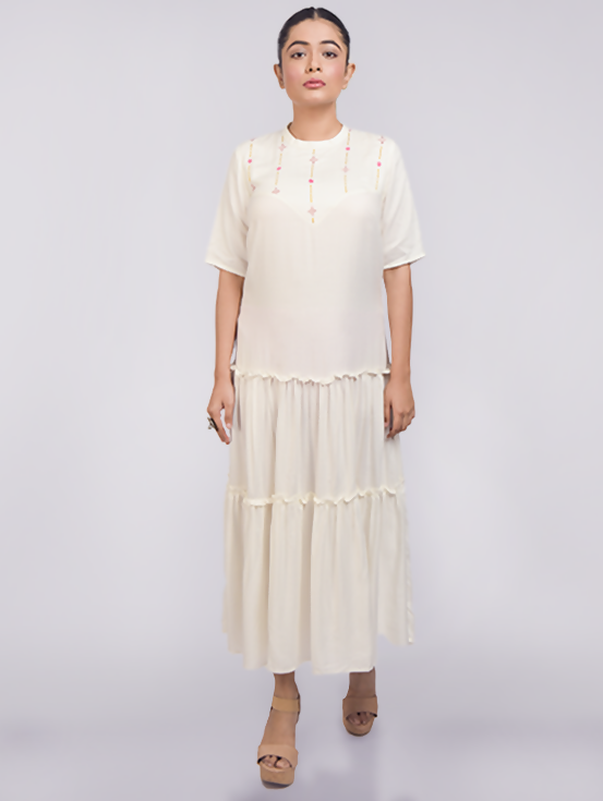 Embroidered Tiered Dress - White