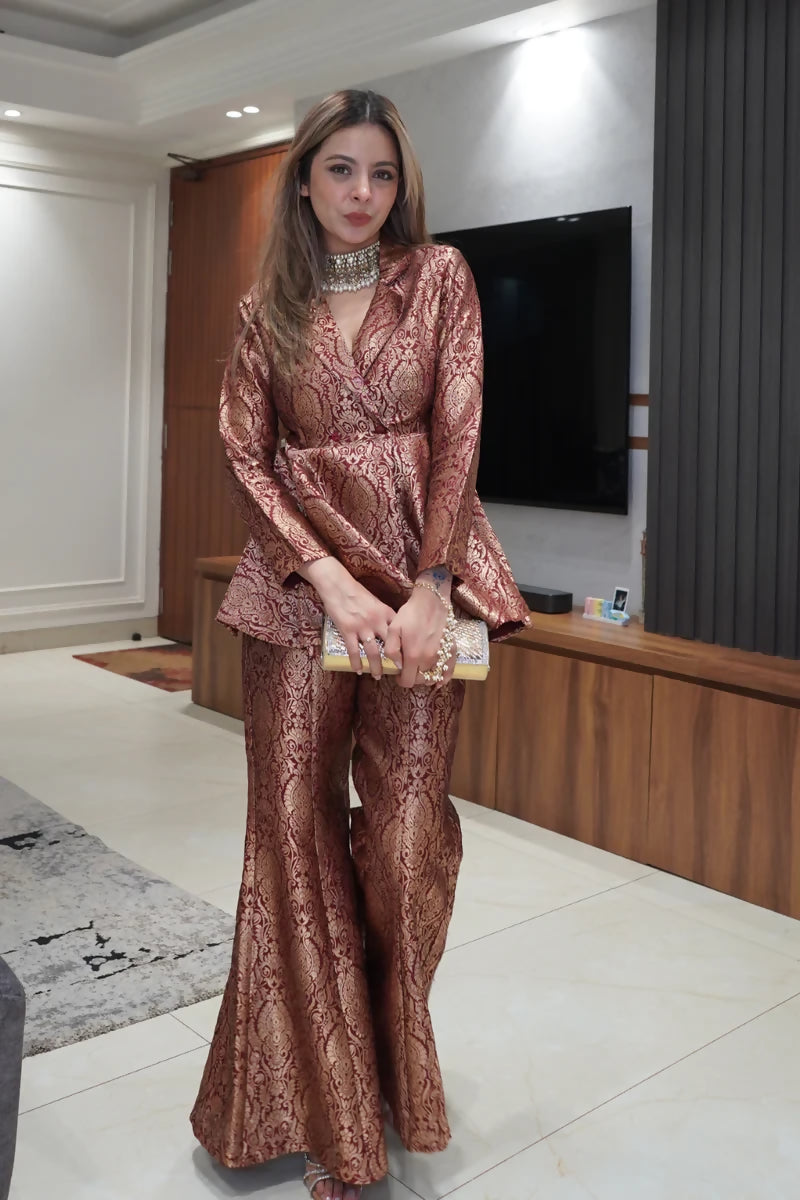 Maroon Peplum Top with Flared Pants