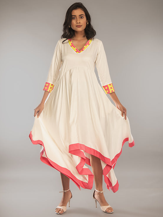 Asymmetric Dress with Handwork - White