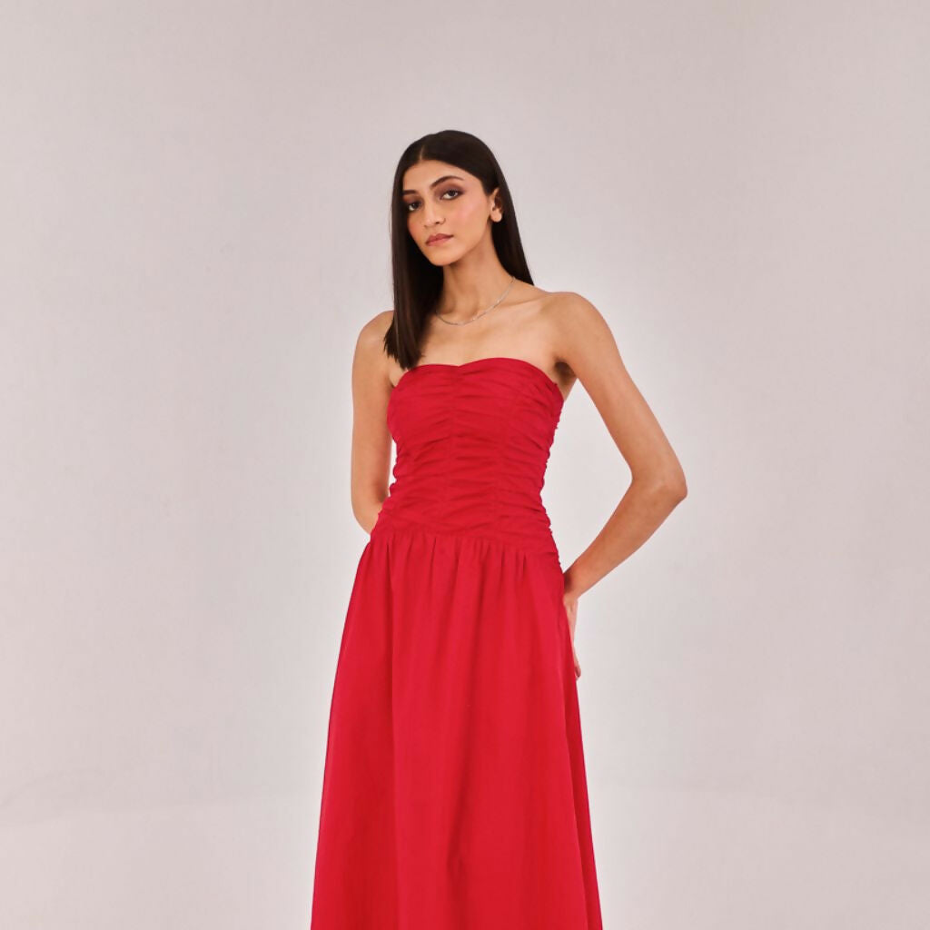 Red Strapless Midi Dress