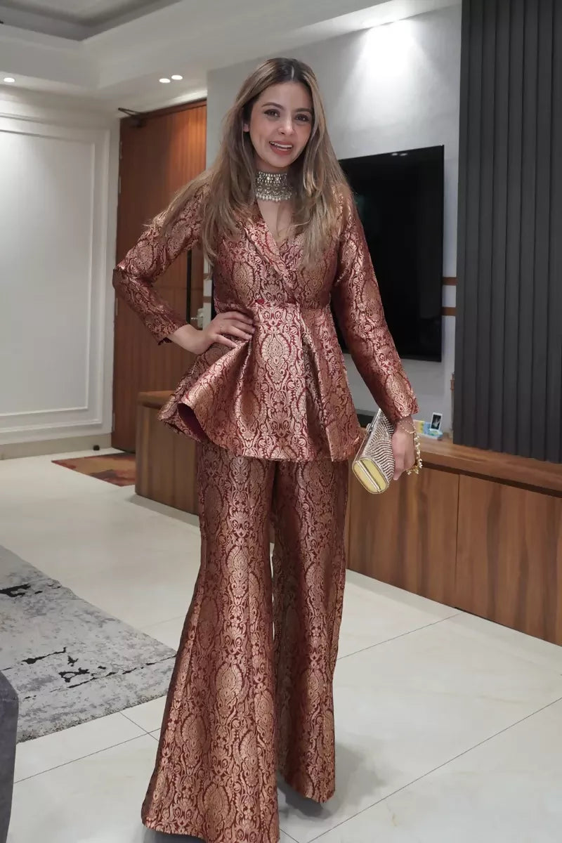 Maroon Peplum Top with Flared Pants