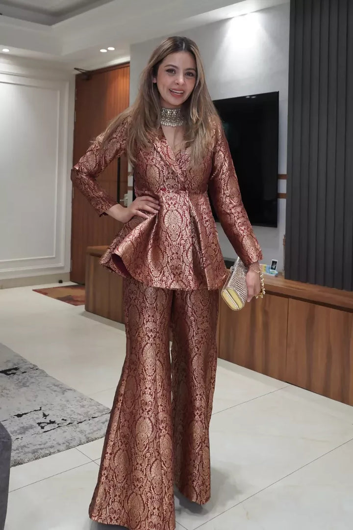 Maroon Peplum Top with Flared Pants