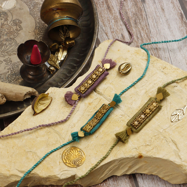 Multicolour Regal Rectangle Handcrafted Rakhi - Set of 3