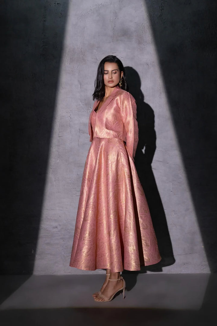 Pink Brocade Flared Dress with Jacket
