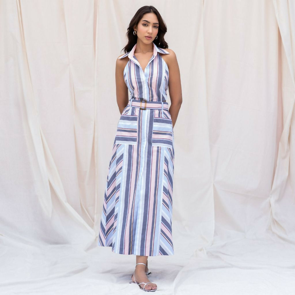 Striped Button Down Midi Dress with Belt
