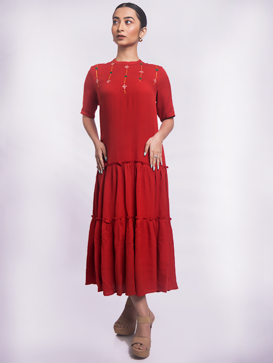 Embroidered Tiered Dress - Maroon
