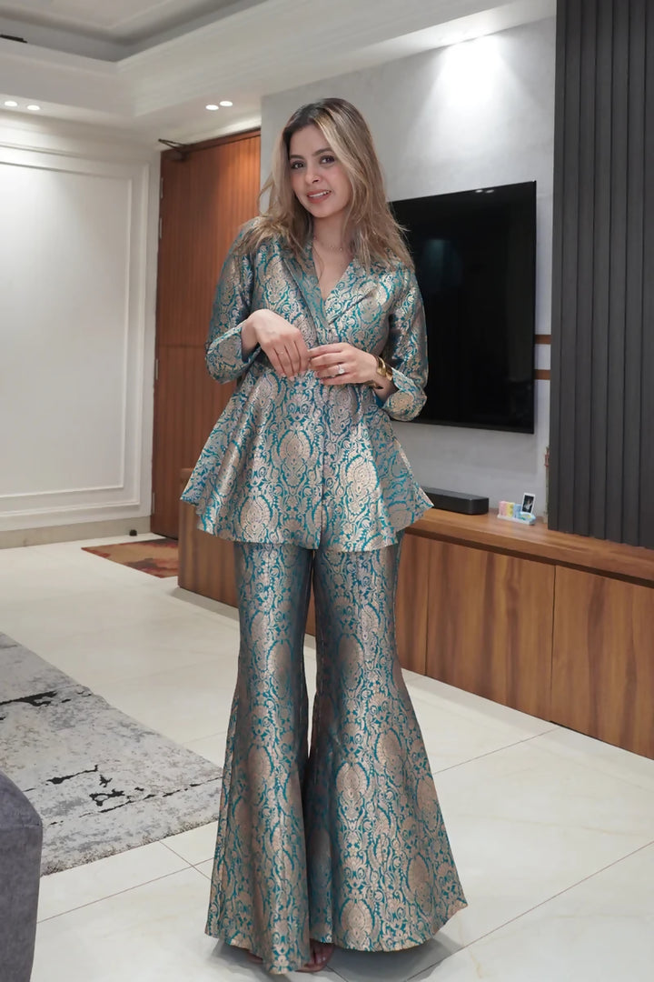 Coral Peplum top with Flared pants