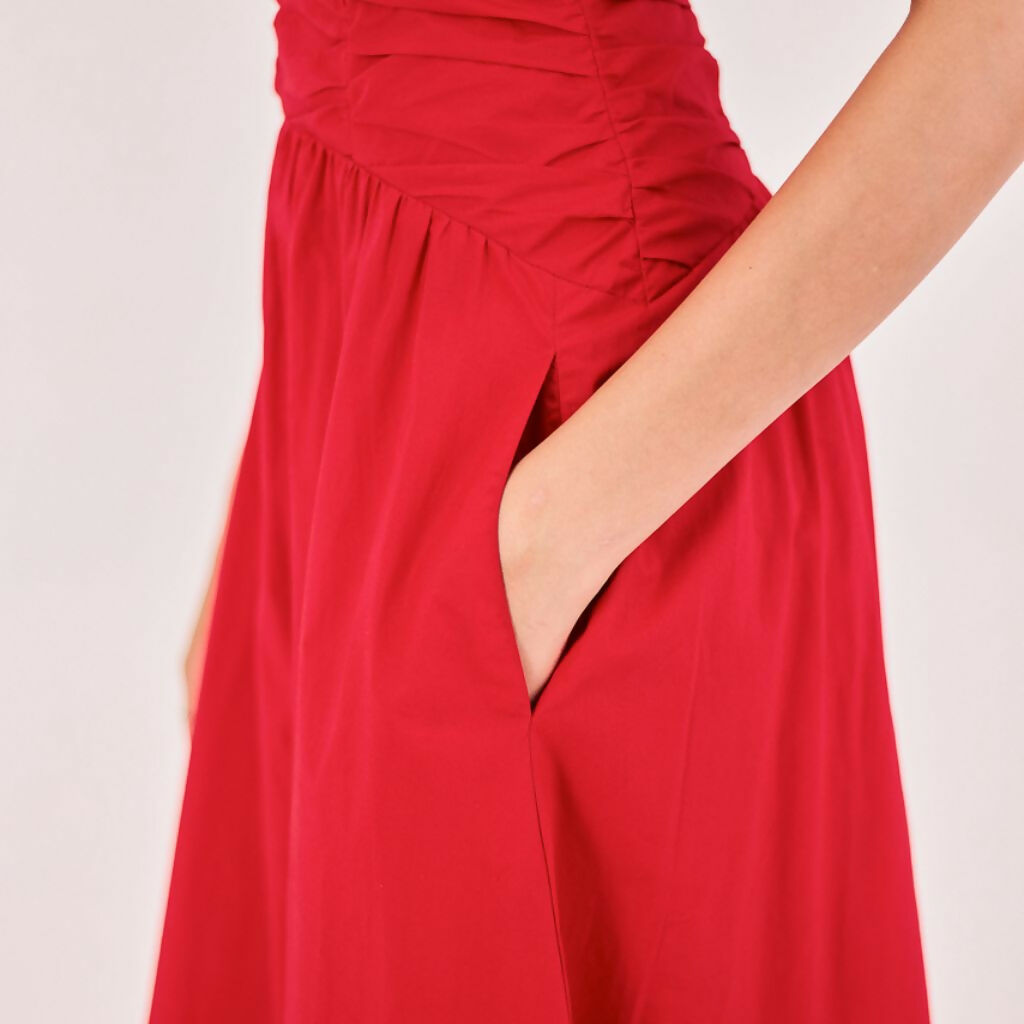 Red Strapless Midi Dress