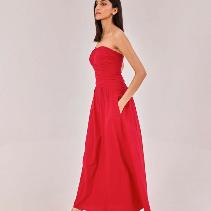 Red Strapless Midi Dress