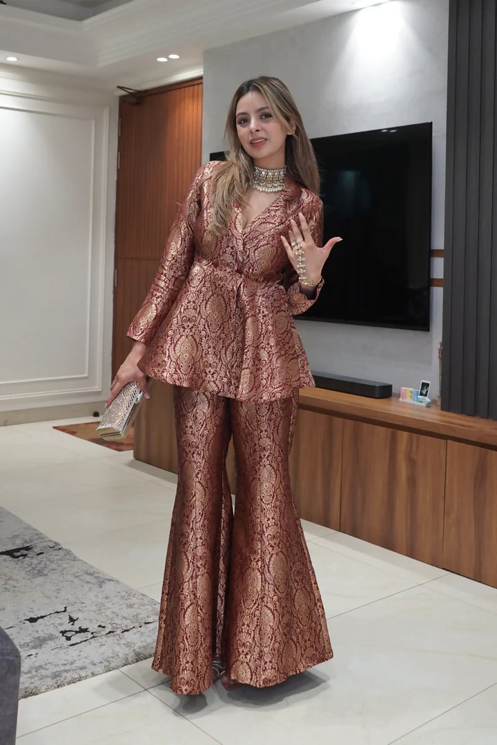 Maroon Peplum Top with Flared Pants