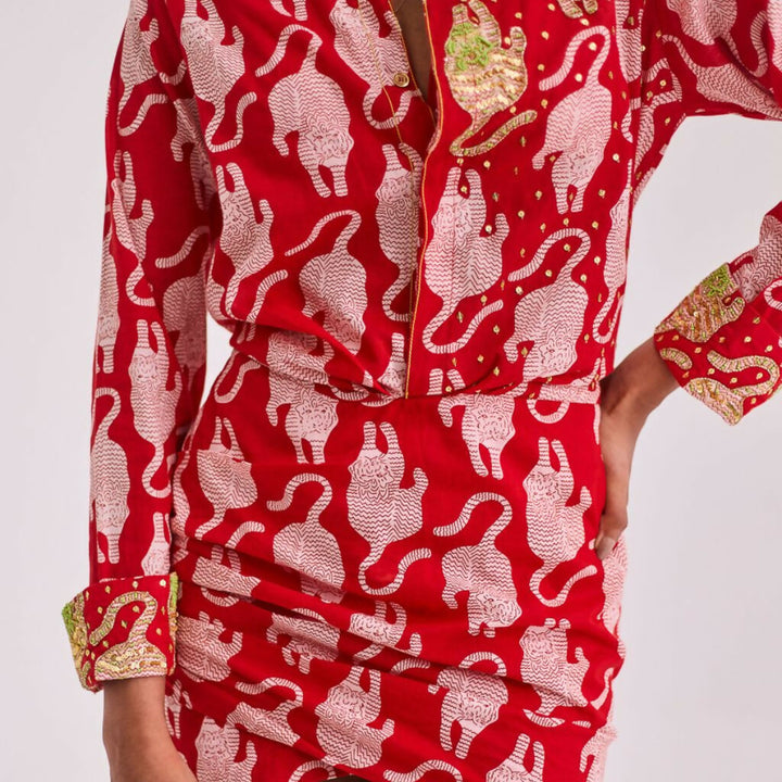 Red Tiger Print Dress with Embroidery
