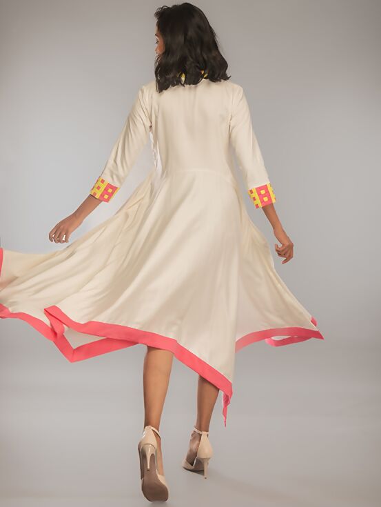 Asymmetric Dress with Handwork - White