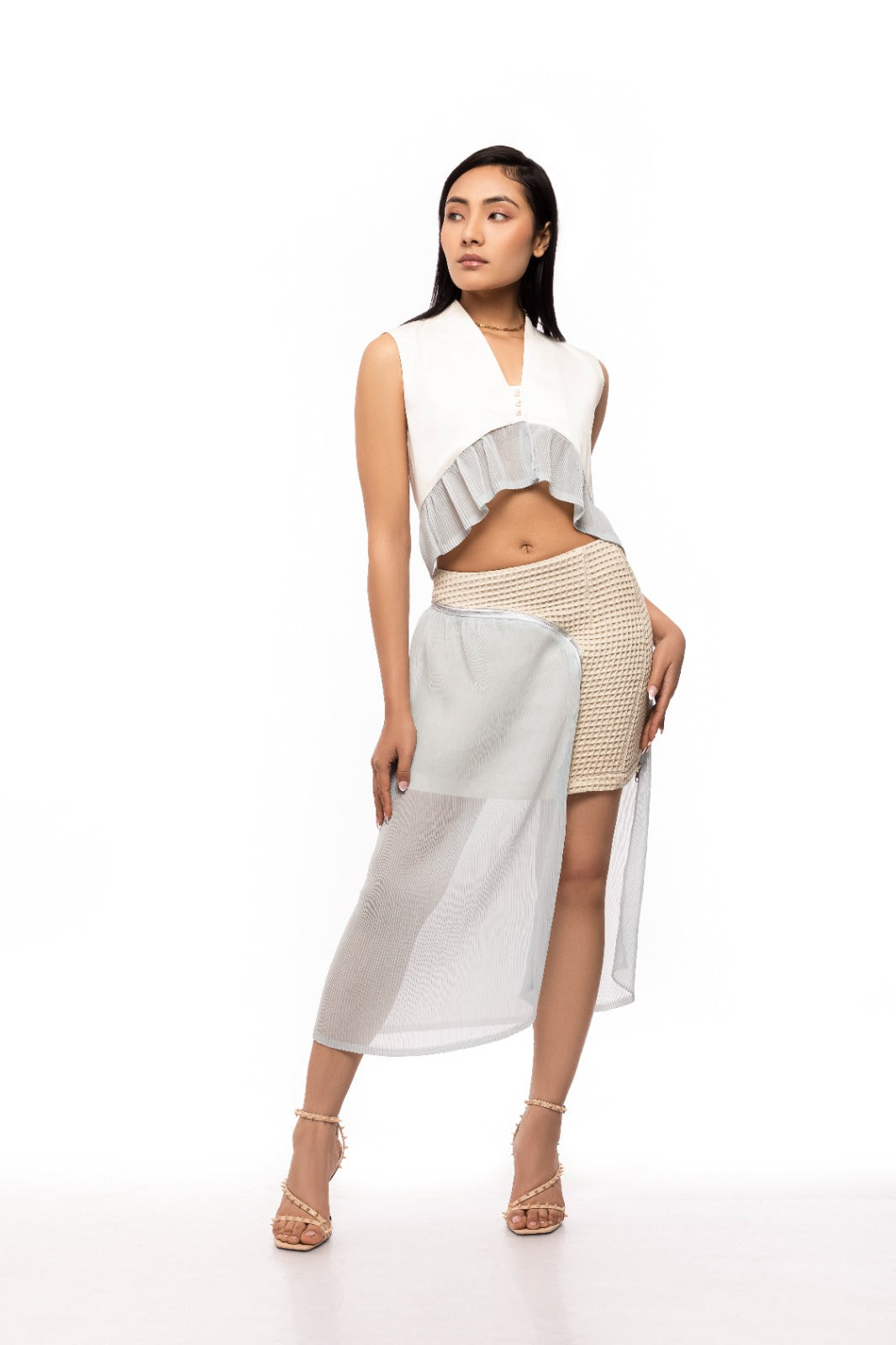 Crescent Pleated Top - White & Sky Blue
