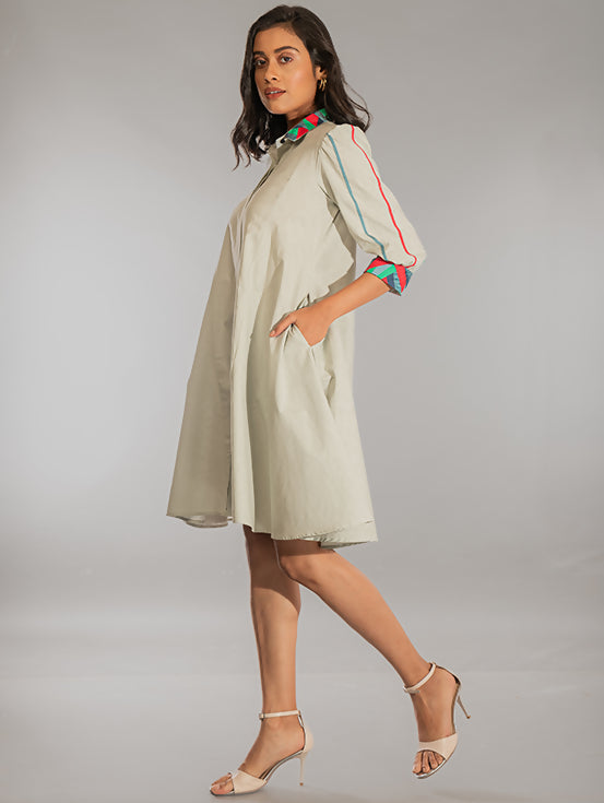 Button Down Dress with Handwork - Grey