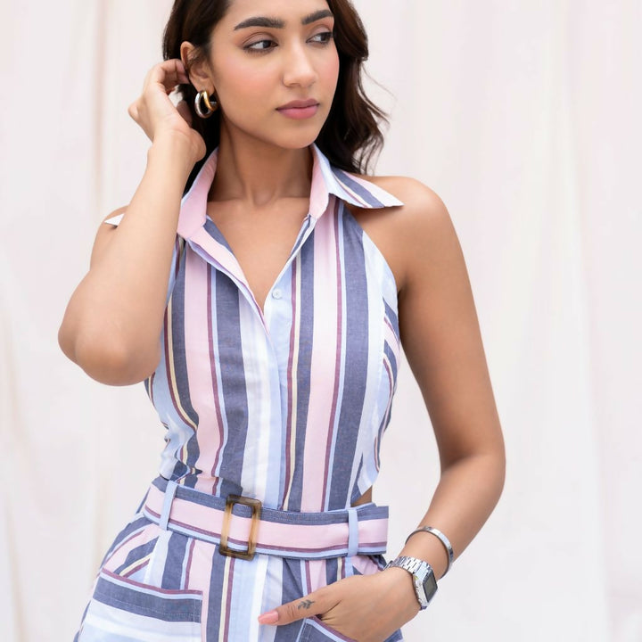 Striped Button Down Midi Dress with Belt