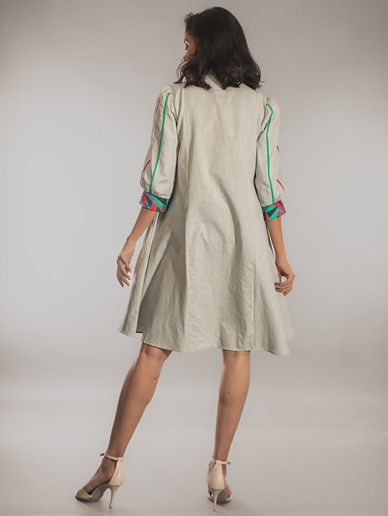 Button Down Dress with Handwork - Grey