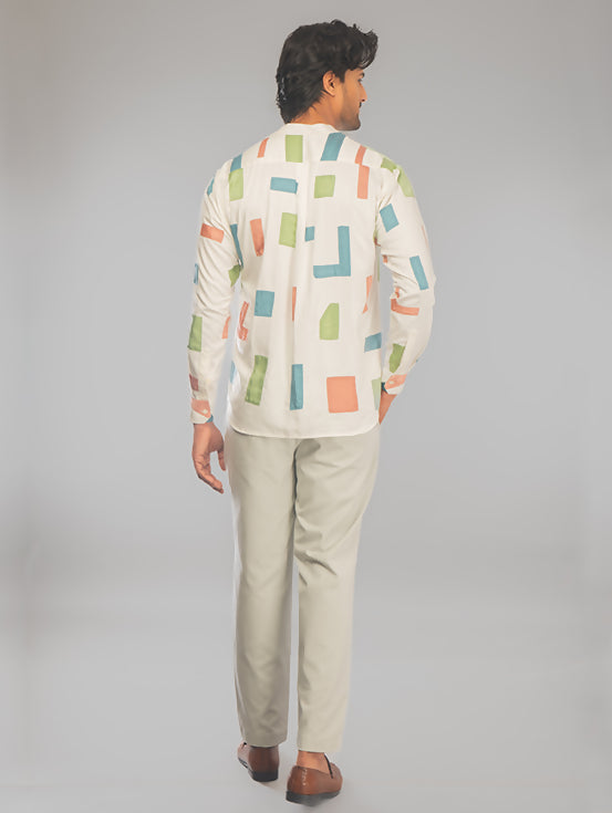 Mandarin Collar Patchwork Shirt - White