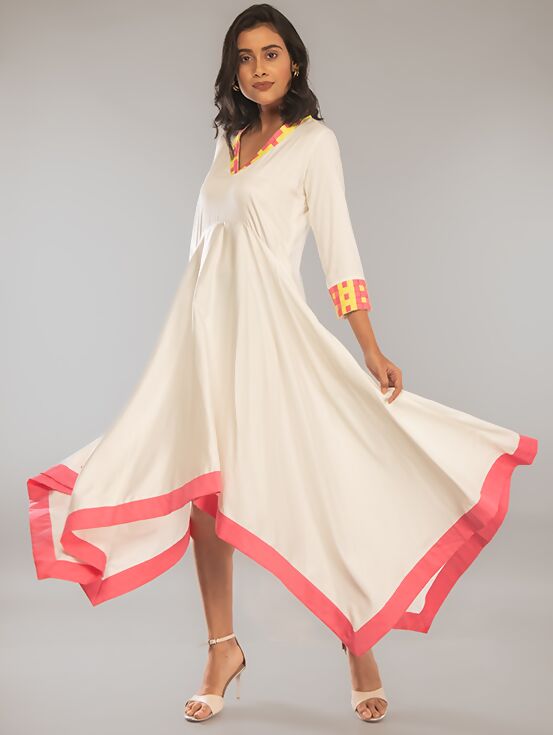 Asymmetric Dress with Handwork - White