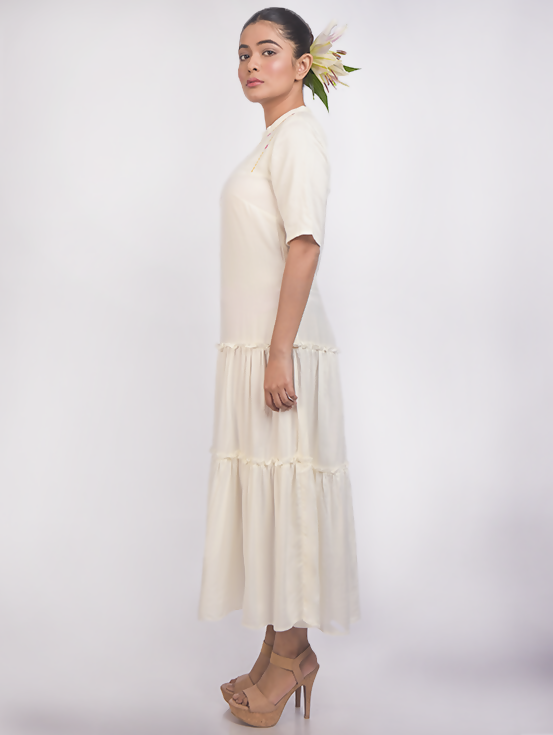 Embroidered Tiered Dress - White