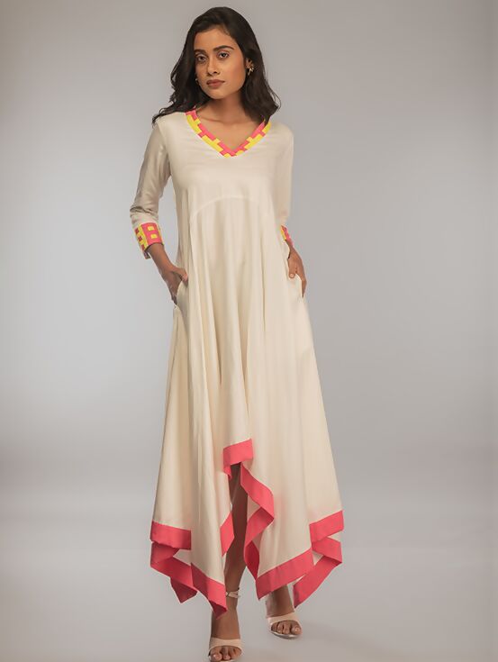 Asymmetric Dress with Handwork - White