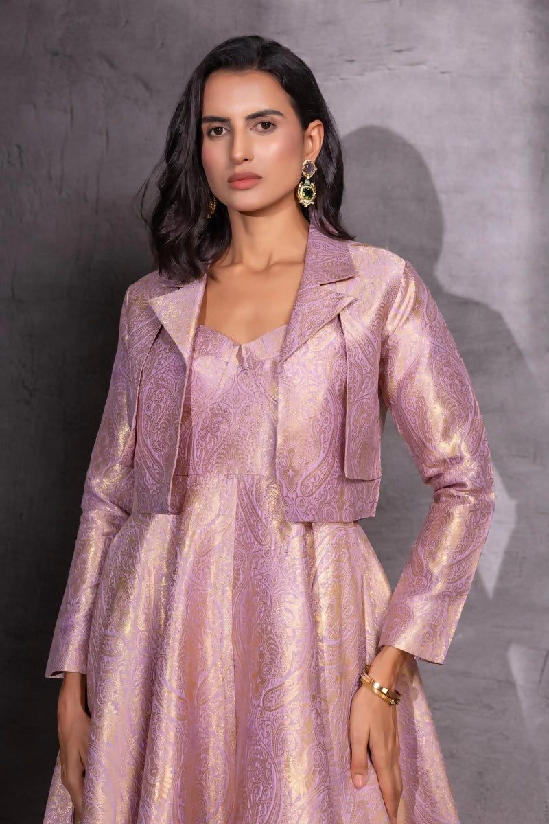 Lilac Brocade Flared Dress with Jacket