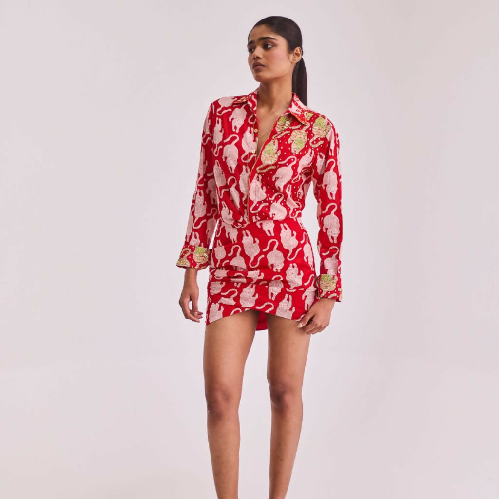 Red Tiger Print Dress with Embroidery
