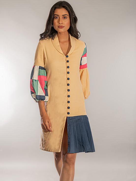 Multi Patch Pleated Jacket Dress - Beige