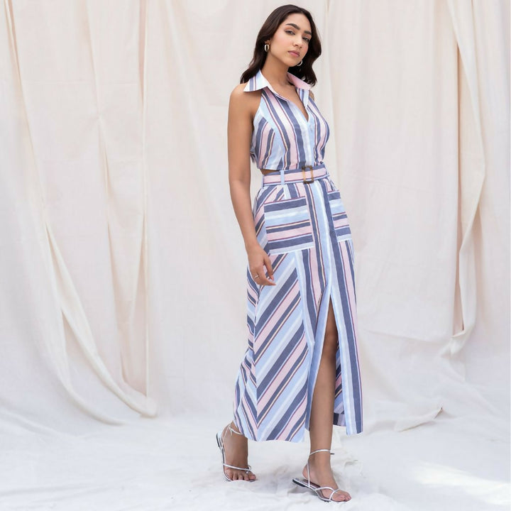 Striped Button Down Midi Dress with Belt