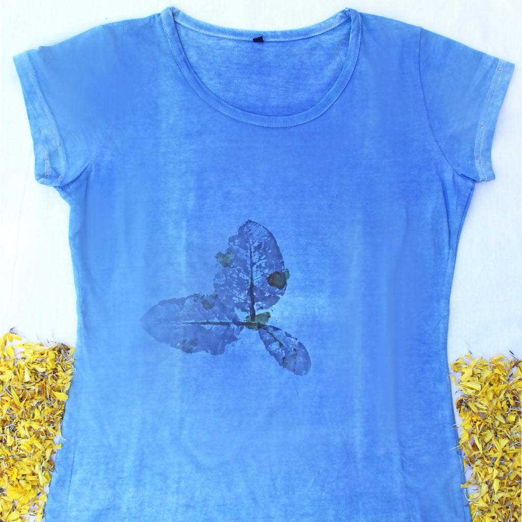 Eco-printed Blue Cotton T-shirt