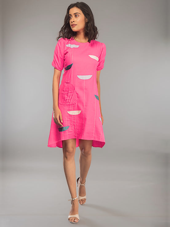 High Low Patchwork Dress - Hot Pink