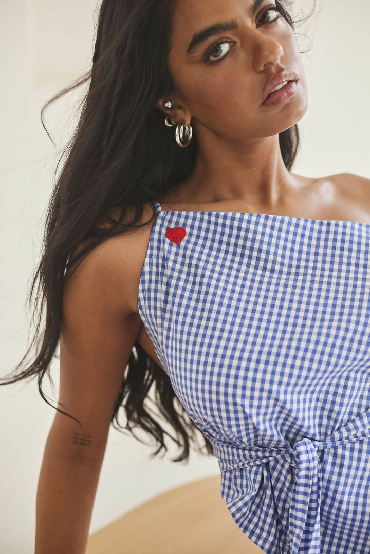 Blue Gingham Asymmetric Top