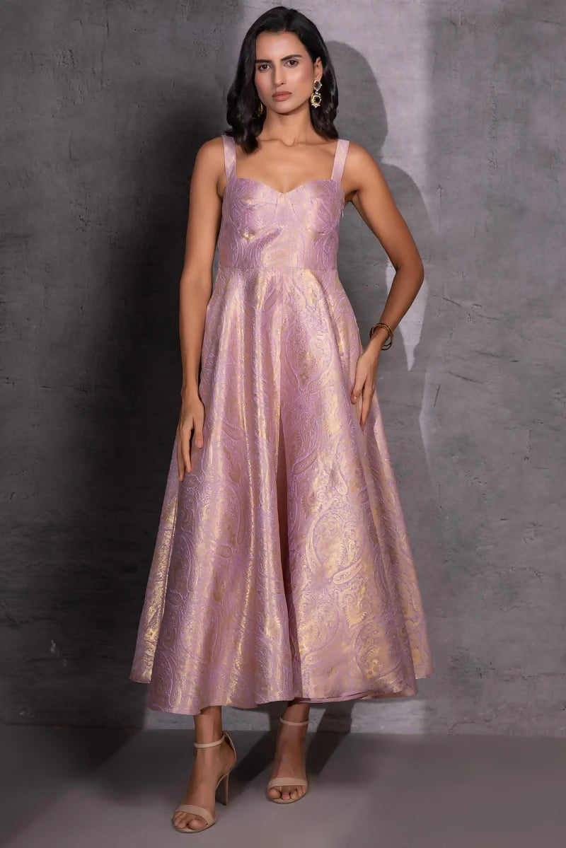 Lilac Brocade Flared Dress with Jacket