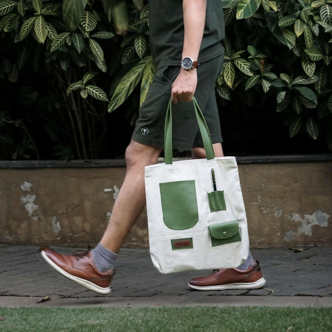 Olive Green Patch Pocket Canvas Tote