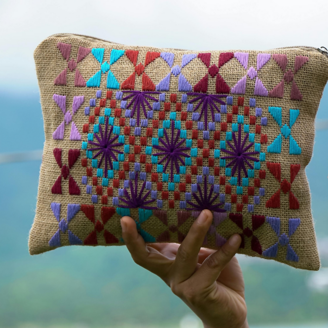 Embroidered Jute Essentials Pouch