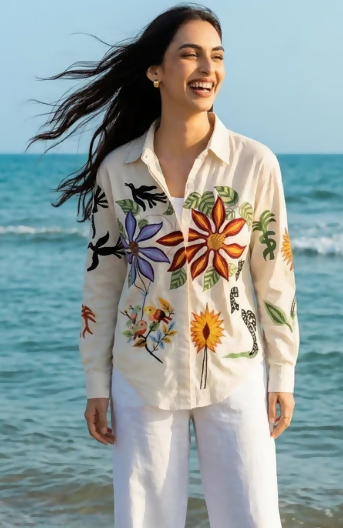 Wildflower Embroidered Shirt Beige