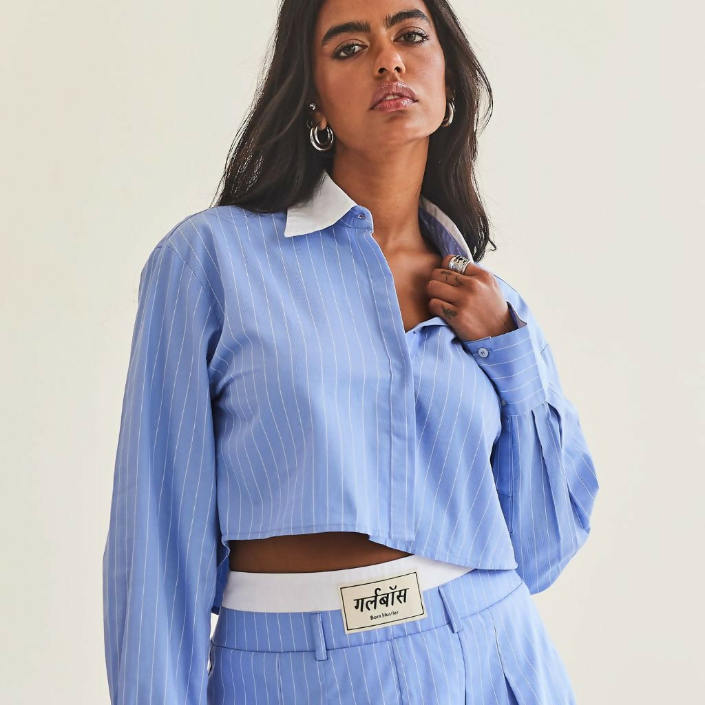 Blue Striped Cropped Shirt
