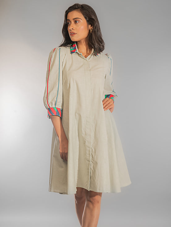 Button Down Dress with Handwork - Grey