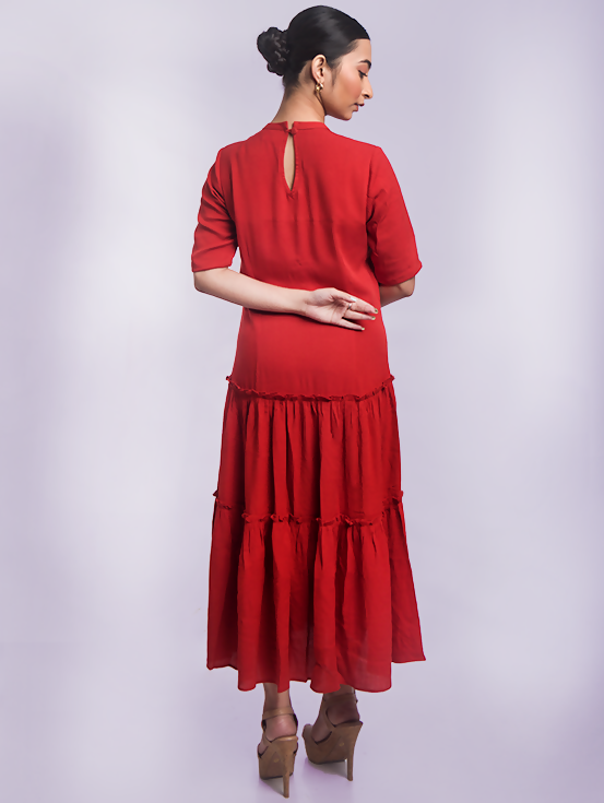 Embroidered Tiered Dress - Maroon
