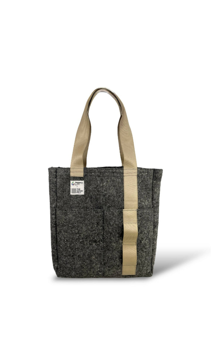 Grey Felt & Beige Seat Belt Tote Bag