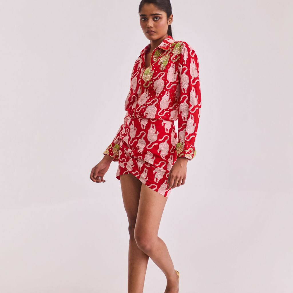 Red Tiger Print Dress with Embroidery

