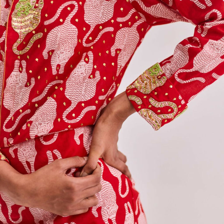 Red Tiger Print Dress with Embroidery
