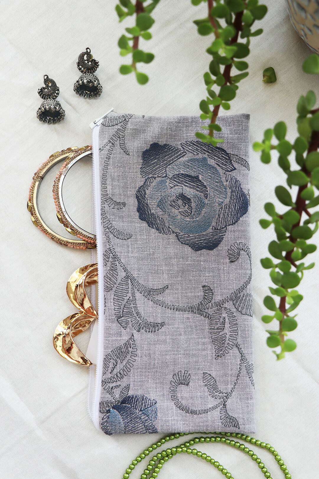 Grey Flora Printed Multipurpose Pouch