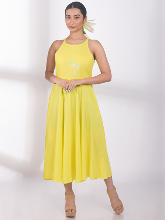 Embroidered Midi Dress - Yellow
