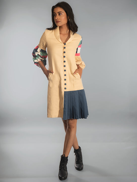 Multi Patch Pleated Jacket Dress - Beige