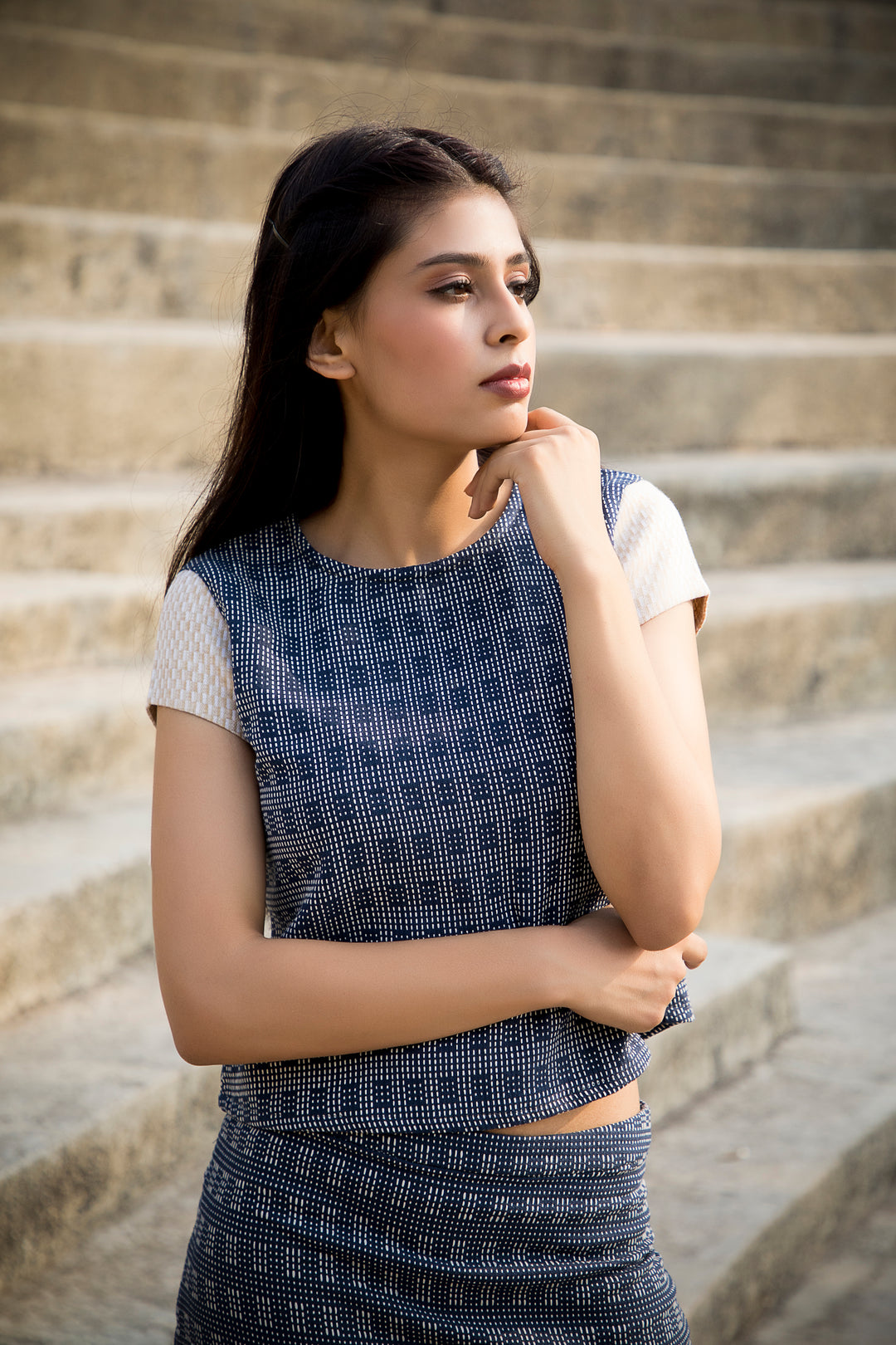 blue pencil skirt with white dot pattern