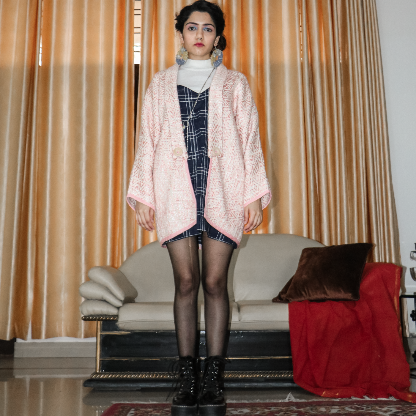 Pink and Off White coat made by upcycling upholstery fabric, it features dolman sleeves and wooden buttons