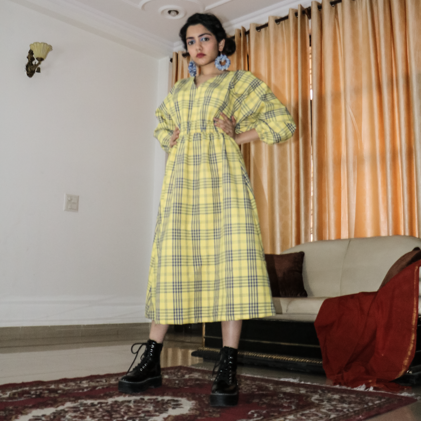 Dress in Yellow with Blue checks is made by upcycling upholstery fabric, it features dolman sleeves and elastic at waist and wrist.