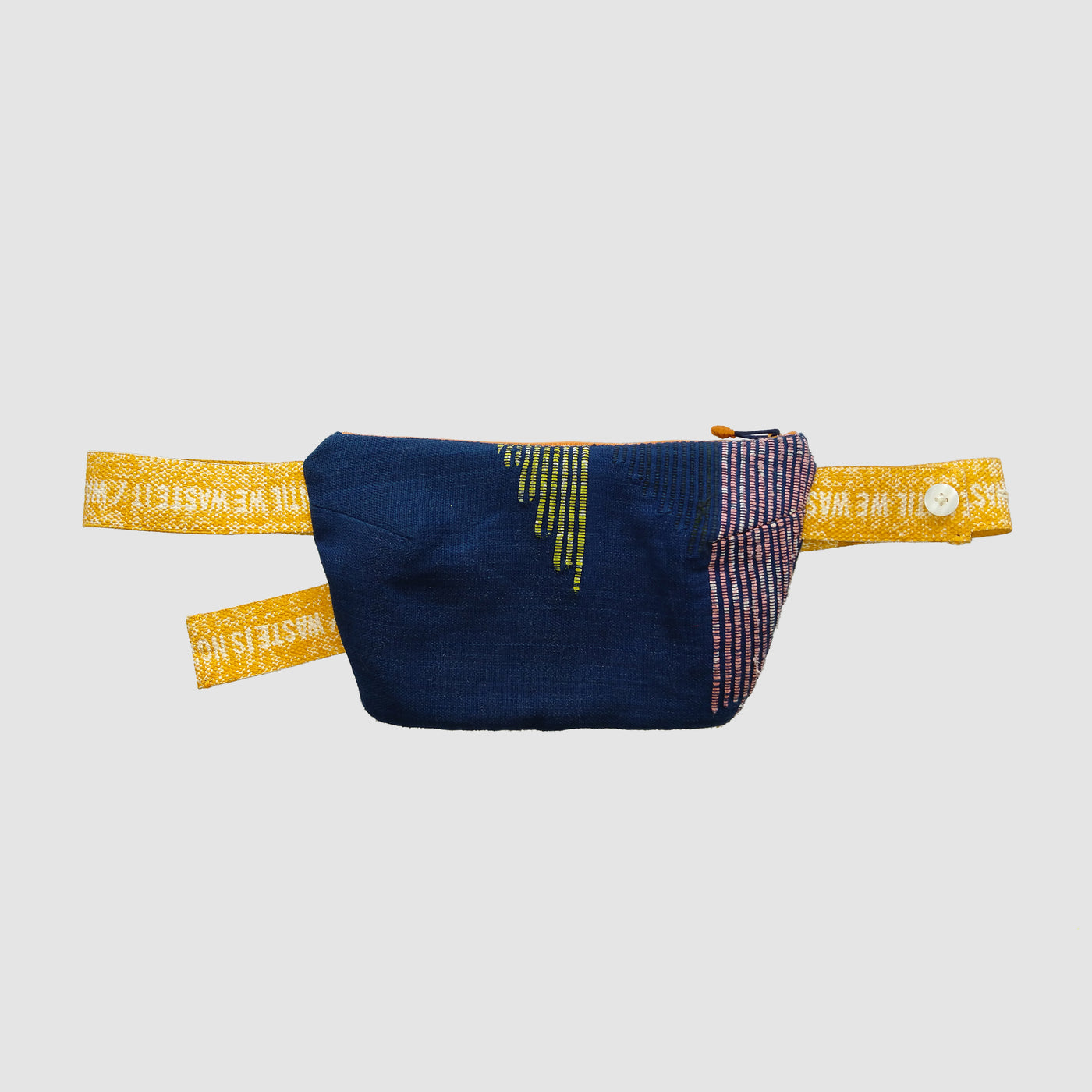 Handwoven in an extra weft technique, the waist pouch has a zip closure and an adjustable belt.