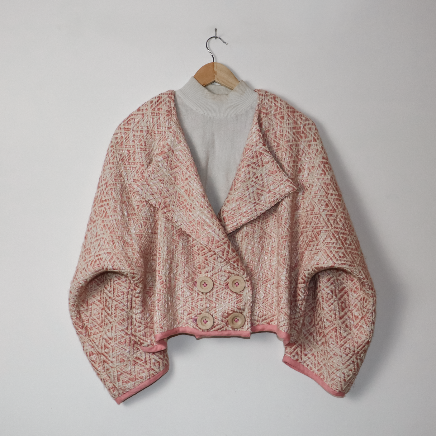 Pink and Off White coat made by upcycling upholstery fabric